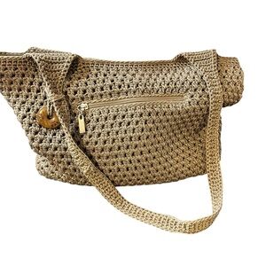 The Sak Tan Leaf Crochet Shoulder Bag Zipper Closure Wooden Tag